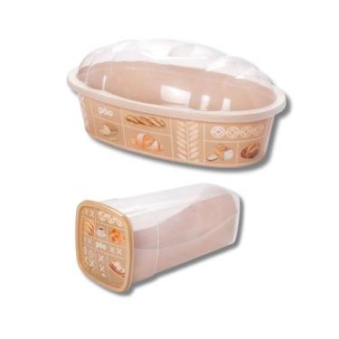 Imagem de Kit 2 Porta Pão e Pão de Forma Decorado Bege Retrô Plasútil 3417/3407