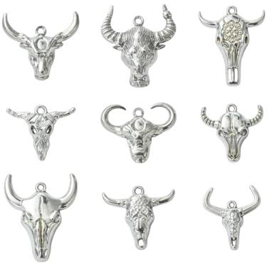 Imagem de LiQunSweet 9 peças 9 estilos 304 pingentes de cabeça de gado tibetano de aço inoxidável antigo prata deserto animais selvagens para joias faça você mesmo, colar, brinco, bolsa, chaveiro, decoração