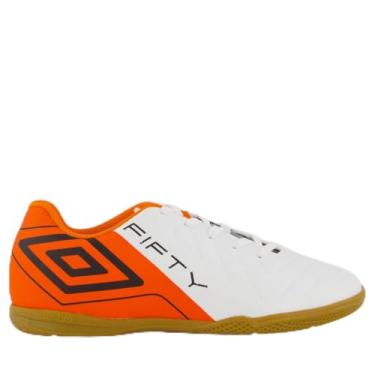 Imagem de Chuteira Umbro Fifty VI Futsal Juvenil Branca e Laranja