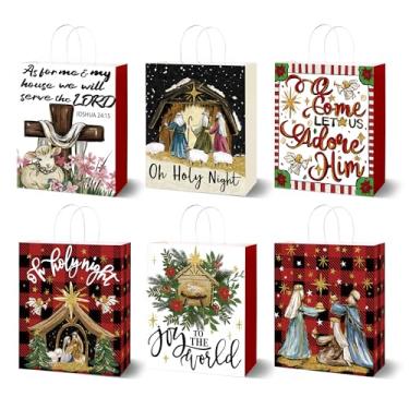 Imagem de JOICEE 24 peças de sacos de presente de Natal, grandes sacos de papel de presente de Natal a granel com alças xadrez búfalo Jesus Noite Santa para lembrancinhas de festa de fim de ano, presentes