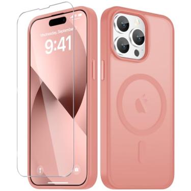 Imagem de YENAPOON Capa para iPhone 15 Pro Max, capa magnética fosca [com 1 protetor de tela] [suporte para MagSafe] [proteção de grau militar à prova de choque] Traseira fosca translúcida, rosa