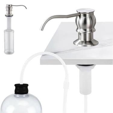 Imagem de Loção líquida embutida para bancada de cozinha, dispensador de sabão de metal, bomba dispensadora de latão de níquel escovado com garrafa de 320 ml, tubo longo de silicone de 120 cm para bocas de