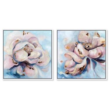 Imagem de Blush Pink Whimsy Conjunto de 2 painéis impressão em tela floral arte de parede por Art Remedy, moldura branca, 12 x 12