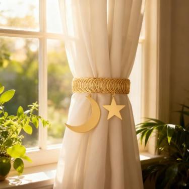 Imagem de Laços magnéticos de cortina – Clipes de metal para cortina lua, retentores de corda, menisco, dourado, prendedores de janela, par para cortinas decorativas de escritório em casa