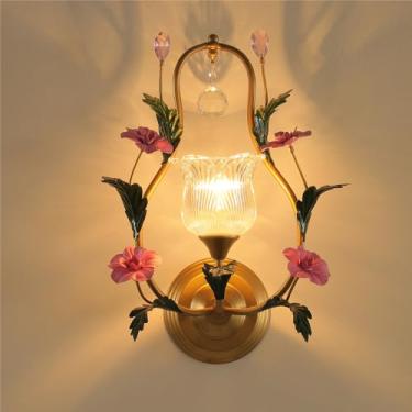 Imagem de Luminária de parede estilo pastoral americano, estilo francês criativo, para sala de estar, quarto, corredor, casa de campo, com LED e formato de flor (1 lâmpada, 1 unidade)