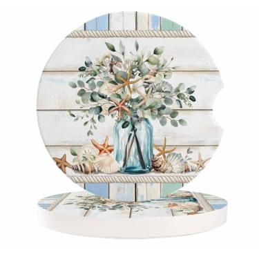 Imagem de Porta-copos de carro de eucalipto verde, conjunto de 2, estrelas do mar florais botânicas em vaso, porta-copos de pedra de cerâmica absorvente com entalhe de dedo para facilitar a remoção do