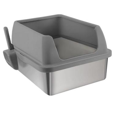 Imagem de Caixa De Areia Aberta Aço Inox Para Gatos Banheiro Sanitário Resistente Pet Pá Grande 53x40,6x30cm(Cinza Escuro)