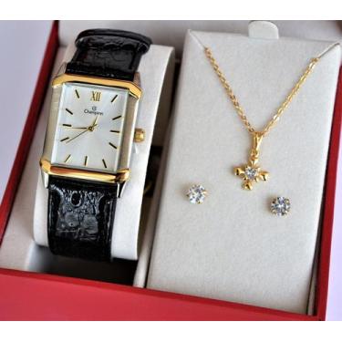 Imagem de Relogio champion feminino quadrado misto couro ch22751w + kit semi joi