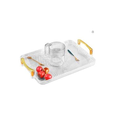 Imagem de Bandeja Decorativa em Acrílico Transparente com Alças Douradas, Multiuso, 30x21x2cm, para Sala, Banheiro, Quarto e Escritório