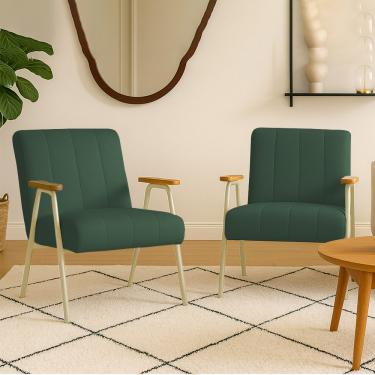 Imagem de Poltrona Sala Decorativa Industrial Champanhe Kit 2 Laurita Linho Verde K01 - D'Rossi