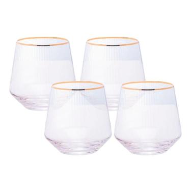 Imagem de Jogo 4 Copos De Whisky Baixo Drinks Vidro Lines Fio De Ouro Borda Dourada 330ml Wolff