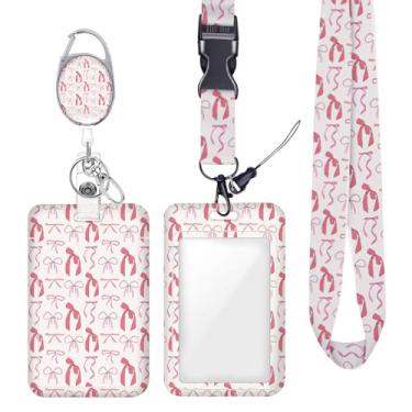 Imagem de Cordão de crachá de identificação de laço rosa para crachás de identificação, protetor vertical de trabalho, clipes de mosquetão retráteis, cordão de chave resistente para mulheres, meninas