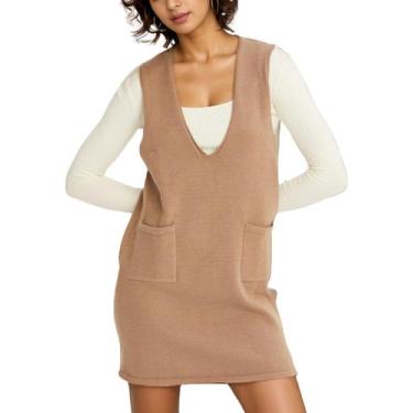 Imagem de Suéter, colete, Meyhad, decote em V, sem mangas, malha cáqui, feminino