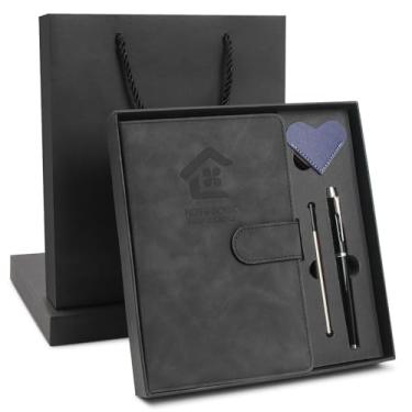 Imagem de Ciyanwcx Conjunto de presente de caderno de couro - diário de capa dura A5 com caneta e 6 marcadores de coração, caixa de presente + bolsa (preto)