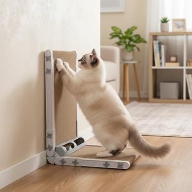 Imagem de Tábua de arranhar gatos em forma de L, arranhador de papelão bege com brinquedo de bola, 40 x 35 x 29 cm, design montado na parede para gatos internos (Gary)