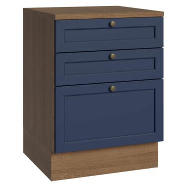 Imagem de Balcão De Cozinha 60 Cm 3 Gavetas Rustic/azul Vik Madesa Rustic/azul