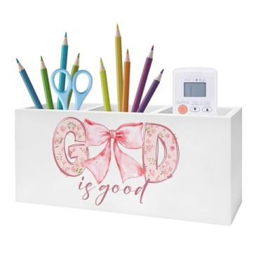 Imagem de Exqcom God Is Good Suporte de pincel de maquiagem cristã, suporte de escova de dentes floral com laço coquete rosa para banheiro feminino, versículos bíblicos inspiradores, porta-canetas, organizador