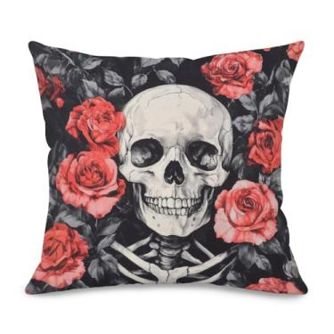Imagem de Capa de almofada decorativa de linho branco frente e verso preto esqueleto flores de açúcar caveira e rosas (45 x 45 cm), capa de almofada floral gótica para primavera, Halloween, dia de todos os