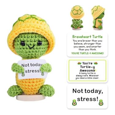Imagem de Tartaruga de pelúcia de crochê feita à mão com 3 cartões de mensagem positiva – linda tartaruga de pelúcia, presente de amigurumi feito à mão para crianças e adultos, decoração de mesa, presente de