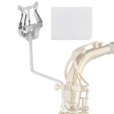 Imagem de Clipe de saxofone durável para iniciantes e profissionais, clipe de partitura de saxofone alto, suporte de música de marcha vertical com pano de limpeza para saxofone tenor, substituição de lira de