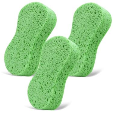 Imagem de Pacote com 3 esponjas grandes de celulose natural 19,5 cm x 3,74 x 1,38 - Super absorventes e biodegradáveis, kit de espuma extragrossa para limpeza multiuso, esponjas de lavagem ideais para cozinha