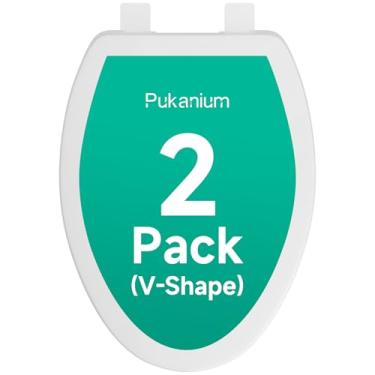 Imagem de PUKANIUM Assento de vaso sanitário alongado pacote com 2, assentos sanitários com tampa fechada silenciosa, nunca afrouxa amortecedores, fácil remoção e limpeza, branco, 46 cm C x 35 cm L