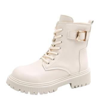 Imagem de Botas femininas de cano curto com cadarço e zíper lateral para uso casual de inverno em lazer ao ar livre, Branco, 34