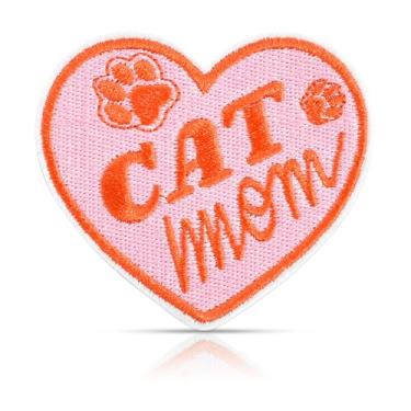Imagem de Patch de coração Cat MOM, lindo aplique bordado para amantes de gatos, estampa de pata rosa e laranja para jaquetas, mochilas, chapéus, acessório temático felino divertido (7 x 7 cm)