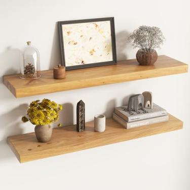 Imagem de Venusmiles Prateleiras flutuantes de olmo para decoração de parede, shevles de madeira maciça rústica montadas na parede com suporte invisível para sala de estar, banheiro, quarto, cozinha, 91 cm