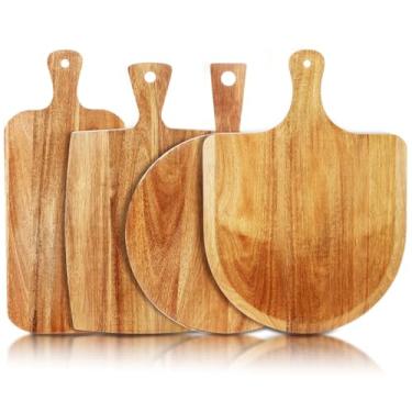Imagem de SiliFine Conjunto de 4 tábuas grossas de corte de madeira de acácia com alças, tamanhos variados, tábuas grandes de charcutaria, bandeja de servir em bloco de açougueiro para queijo, carne, pizza