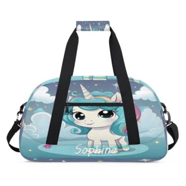 Imagem de Bolsa esportiva personalizada com nuvem de unicórnio fofa com nome, bolsa noturna personalizada, bolsa de festa do pijama, bolsa de treino para dança, balé, academia, ginástica, mala de viagem