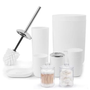 Imagem de SAUMONIERES Conjunto De Acessórios Para Banheiro, 8 Peças, Porta-Escovas Dentes, Copo, Lata Lixo, Dispensador Sabonete, Prato, Porta-Cotonete E Escova Sanitária, Branco