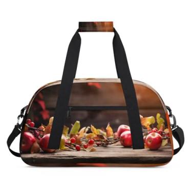 Imagem de Bolsa esportiva de frutas, maçã, outono, madeira, tamanho grande, impermeável, durável, dobrável, bolsa de festa do pijama, bolsa de treino para dança, balé, academia, ginástica, bolsa de viagem