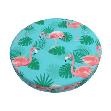 Imagem de Yakelo Capa de banco de bar redonda flamingo com almofada de banco de bar macia elástica 33 cm