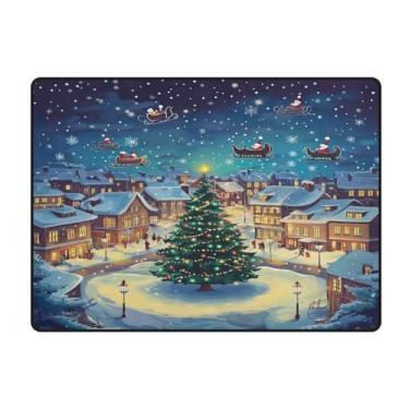 Imagem de Blueangle Tapetes de Natal laváveis de 10 x 13 cm para sala de estar - Tapete ultramacio antiderrapante resistente a manchas com desenho animado de cidade na neve, decoração de férias para quarto e