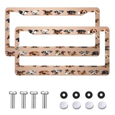 Imagem de 2 peças de moldura de placa de carro adorável animal cão capa de alumínio à prova de ferrugem suporte de etiqueta de carro dianteiro traseiro para mulheres homens acessórios de decoração exterior