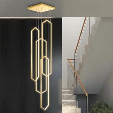 Imagem de Lustre LED moderno dourado, luminária pendente grande de alumínio para tetos altos, com controle remoto, 6 lâmpadas, ideal para escadas, hall de entrada, sala de estar e hall de entrada de c