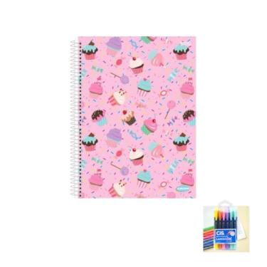 Imagem de Kit Caderno Feminino Capa Dura 200 Folhas + Caneta Esferográfica Pote 24 Unidades + Marca Texto Gel 06 Cores