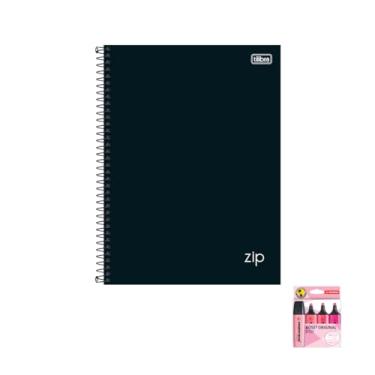 Imagem de Kit Caderno Universitário Capa Dura Zip Preto 10 Matérias + Estojo com Marca Texto Boss 4 Cores