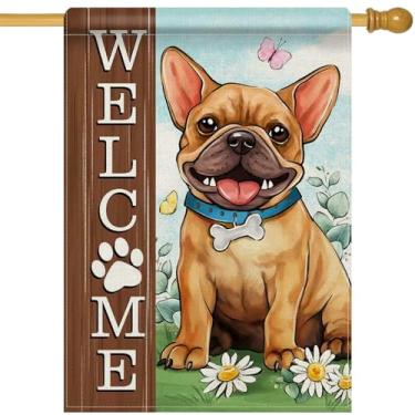 Imagem de Dyrenson Bem-vindo buldogue francês 71 x 101 bandeira de casa dupla face, impressão de pata, decoração de jardim, quintal, presente para amantes, dono de animais de estimação, primavera, verão