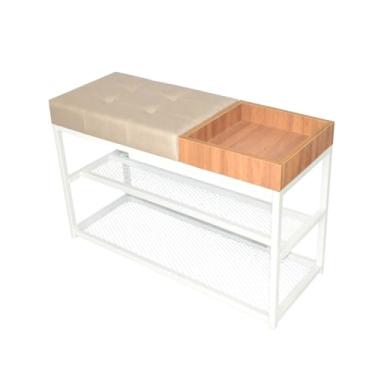 Imagem de SAPATEIRA ORGANIZADORA COM TELA 80CM ASSENTO ESTOFADO LUXO CAPITONE COM CAIXA APARADOR(Estrutura Branca/Assento Linho)