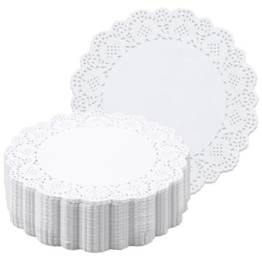 Imagem de LXUEJIE 200 peças de papel descartáveis, papel de renda branca de 16,5 cm, toalhas redondas de papel para mesas, bolo de bufê, comida frita, festa de casamento, decoração de utensílios de mesa