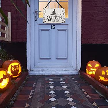 Imagem de Generic Placa de Madeira de Bruxa de Halloween Vintage Decoração de Porta Frontal de Casa Assombrada, Material de Madeira Com Estampas Claras, Adequado para Corredor de Varanda de Casa, 1 * Placa de de Halloween