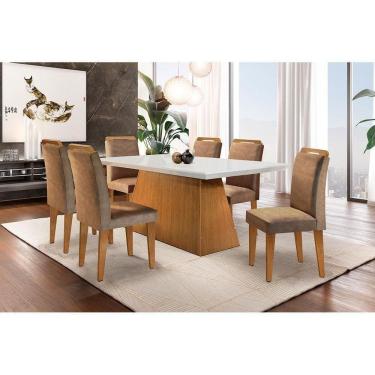 Imagem de Mesa Sala Jantar C/ Tampo Madeirado C/ Vidro Canto Reto 180cm 6 Cadeiras Capuccino/animale Chocolate