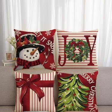 Imagem de Capas de travesseiro Merry Christmas 45 x 45 cm Let It Snow Joy Stripes Gift Line, conjunto de 4 designs decorativos de árvore de Natal vermelha para decoração de Natal, sofá, quarto, sala de estar