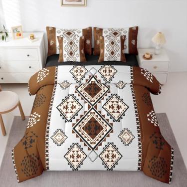 Imagem de Erosebridal Jogo de cama King com estampa de fazenda asteca, rústico, vintage, do sudoeste, estilo étnico, geométrico, boêmio, arte tribal e lençol de cima