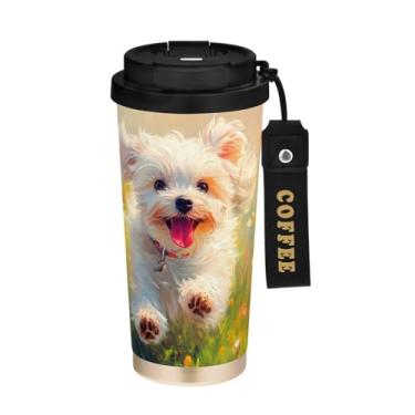 Imagem de STAYTOP Caneca de café de viagem com isolamento térmico para cachorrinho de corrida fofo de 500 ml, copo de café reutilizável de aço inoxidável com tampa flip à prova de vazamento para escritório