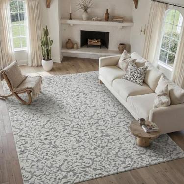 Imagem de WondRg Tapete felpudo lavável cinza e marfim para sala de estar, floral, neutro, macio, antiderrapante, durável, tradicional, vintage, quarto, escritório, sala de jogos, sala de jantar, sala de aula