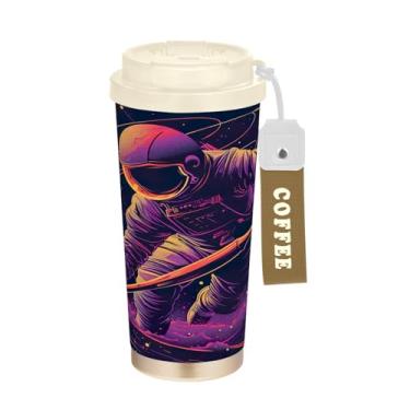 Imagem de YETTASBIN Caneca de café Astronaut com isolamento térmico de 482 g com tampa canudo, copo à prova de derramamento e vazamento com alça para bebida quente e fria, garrafa de água de aço inoxidável