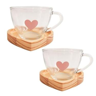 Imagem de Jogo Xícaras Café Chá com Pires Madeira Coração Rosa Presente Criativo Mesa Posta Cantinho do Café (2 Xic. CHÁ Coração Rosa +Pires)